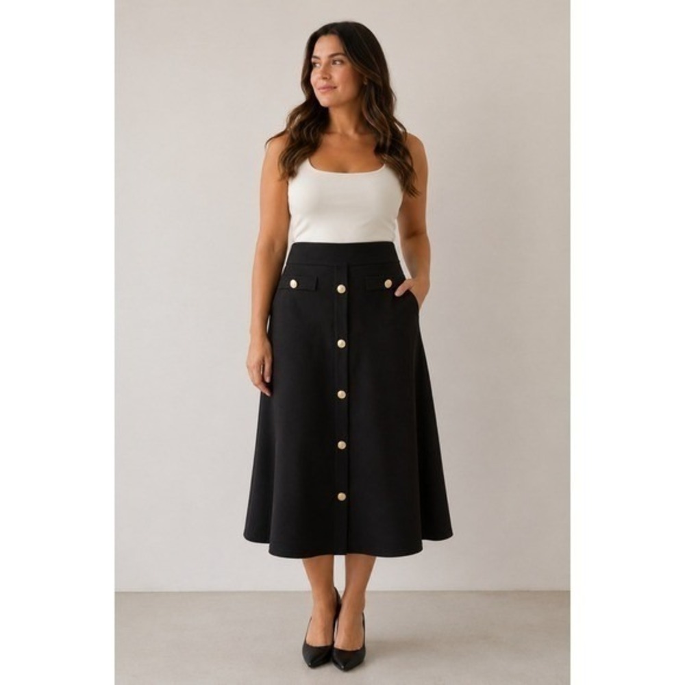 Lark + Grey Black Midi A-Line Sweater Skirt Gold Button Front Sze M Quiet Luxury